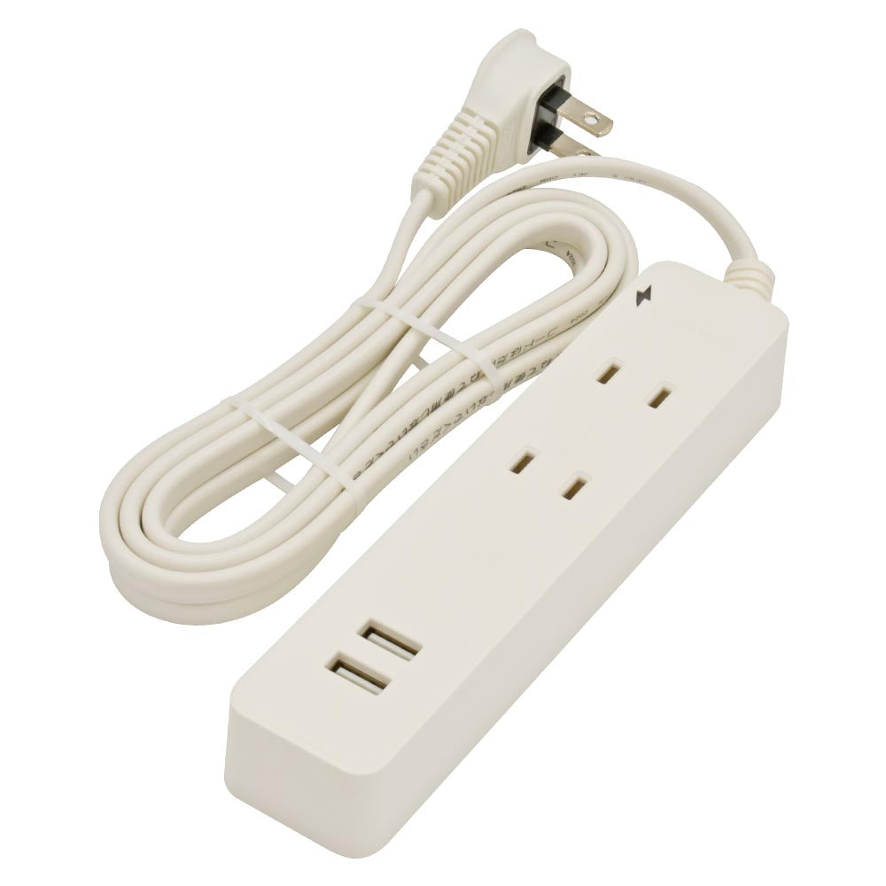 雷ガード・USB・コード付タップ(2個口/2m/USB2個口合計2.4A/Lプラグ/ホワイト)_00-1656_HS-TKU22W22_OHM(オーム電機)