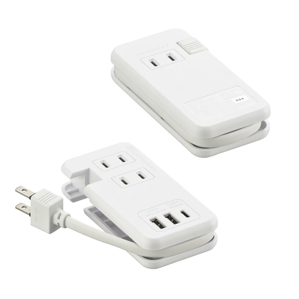 モバイルタップ【ケーブル収納】(ACコンセント×3、Type-A×1、Type-C×1 PD対応/ケーブル23cm/ホワイト)_00-7084_HS-A3U2C120E-W_OHM(オーム電機)