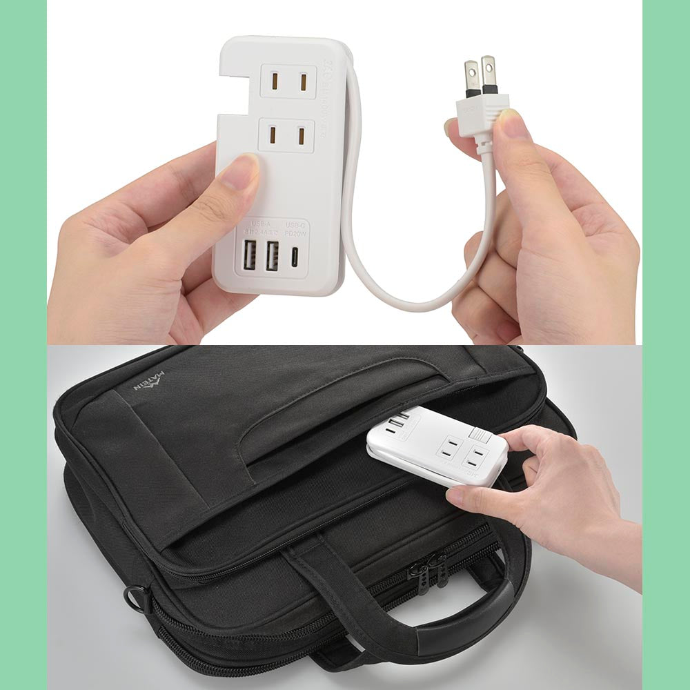 モバイルタップ【ケーブル収納】(ACコンセント×3、Type-A×1、Type-C×1 PD対応/ケーブル23cm/ホワイト)_00-7084_HS-A3U2C120E-W_OHM(オーム電機)