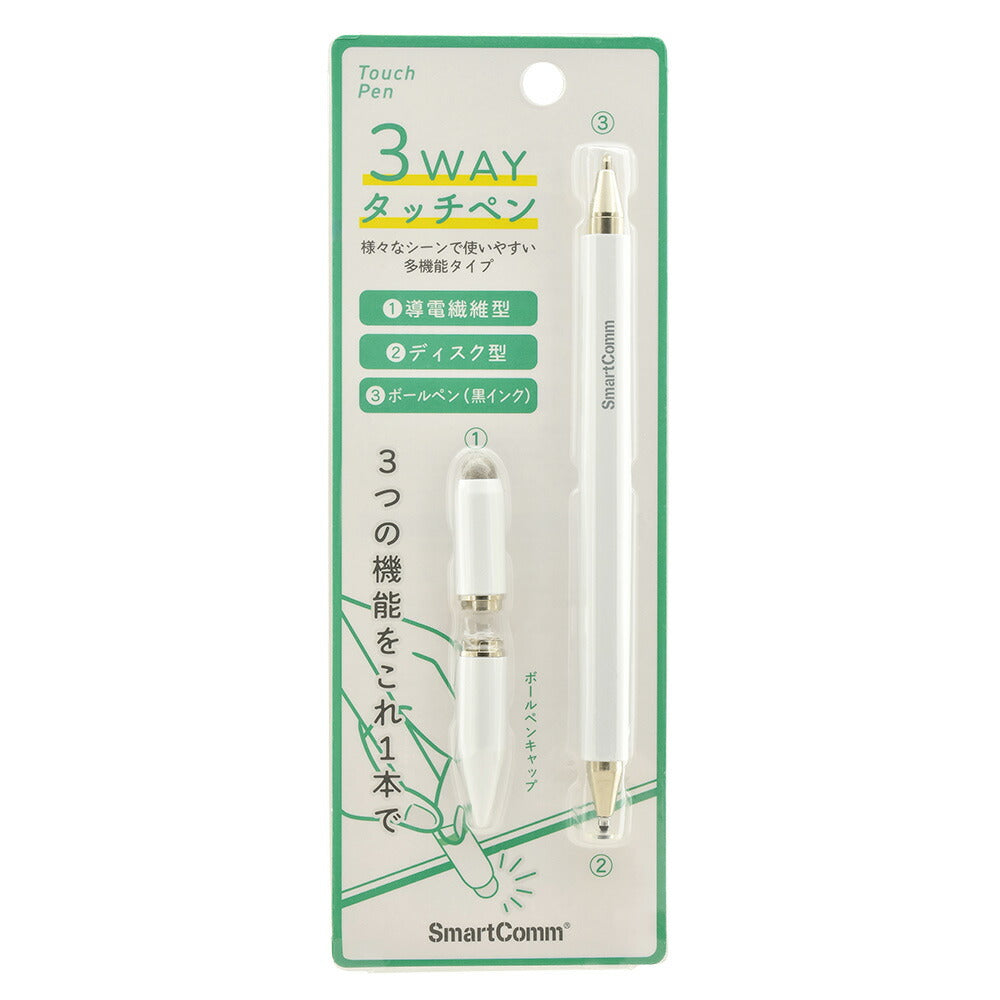 3WAYタッチペン(導電繊維型/ディスク型/ボールペン黒インク/ホワイト)_01-3481_SMP-OTPW3_OHM(オーム電機)