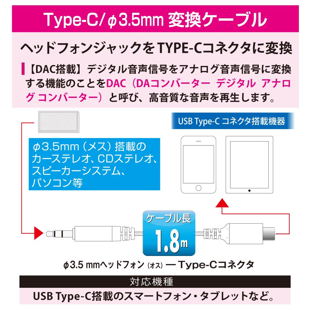 ヘッドホン変換アダプター(USB Type-C (オス)/φ3.5mmヘッドホンプラグ(オス)/DAC機能/ケーブル長1.8m)_01-7315_SMT-L18SP-W_OHM(オーム電機)