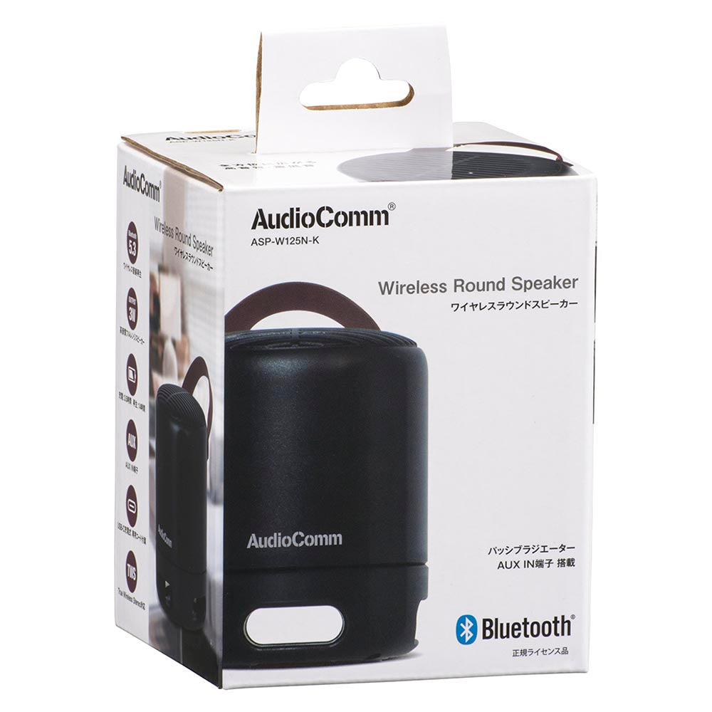ワイヤレスラウンドスピーカー【高音質・重低音】(Bluetooth/USB-C充電式/AUX IN端子搭載/ブラック)_03-2387_ASP-W125N-K_OHM(オーム電機)