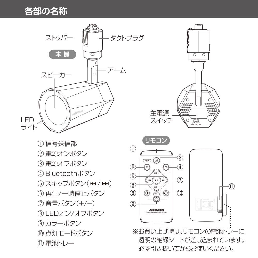 LED一体型ワイヤレススピーカー(口径50mmスピーカー/12W/RGBイルミネーション7色/ライティングダクト接続)_03-2950_ASP-WR200N_OHM(オーム電機)