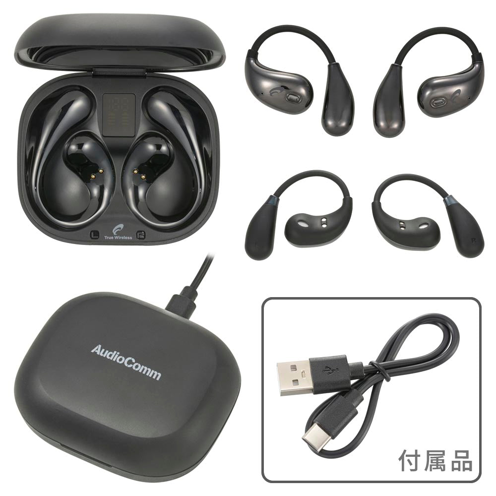 完全ワイヤレスホン(イヤーフック型/通話対応/Type-C接続/最大連続再生4.5時間/保護等級IPX5/ブラック)_03-3193_HP-W610N-K_OHM(オーム電機)