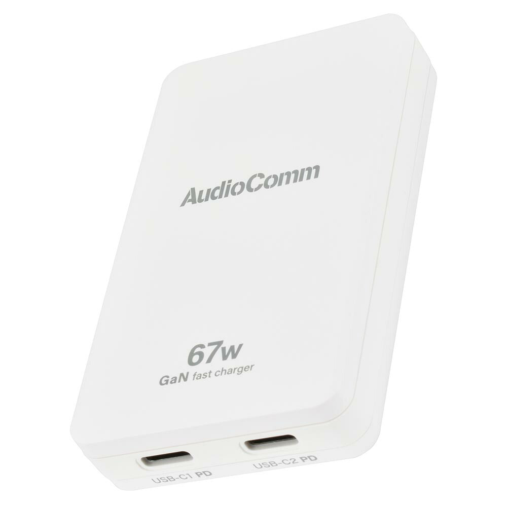スリムPDチャージャー(USB PD×2/最大67W/薄型14mm名刺サイズ/GaN採用/収納式プラグ/ホワイト)_03-6399_MAV-AP670N_OHM(オーム電機)