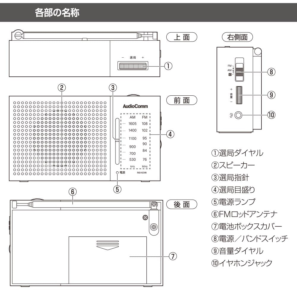 AM/FMハンディラジオ(ワイドFM/単3形×2本使用/ブラック)_03-7054_RAD-H234N-K_OHM(オーム電機)