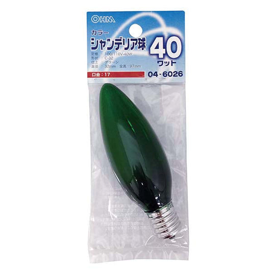 【納期約2週間】シャンデリア球 クリアカラー(40W/グリーン/C-32/E17)_04-6026_LB-C2740-CG_OHM(オーム電機)