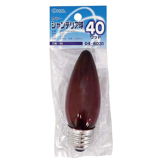 【納期約2週間】シャンデリア球 クリアカラー(40W/レッド/C-37/E26)_04-6031_LB-C7640-CR_OHM(オーム電機)