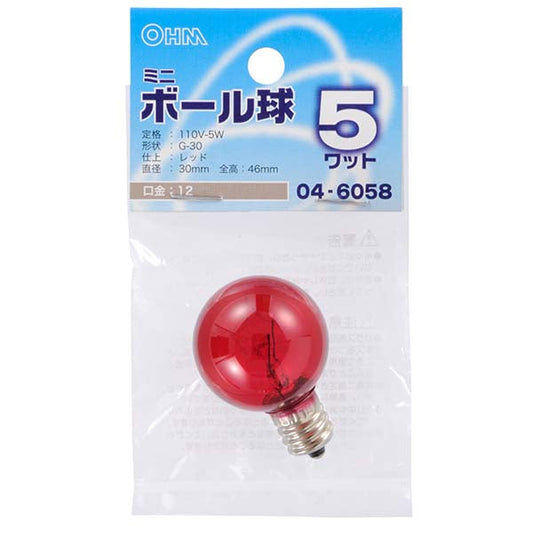 【納期約2週間】ミニボール球(5W/レッド/G30/E12)_04-6058_LB-G3205-CR_OHM(オーム電機)