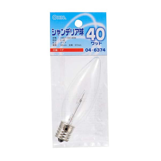 シャンデリア球(40W/クリア/C-32/E17)_04-6374_LB-C2740-C_OHM(オーム電機)