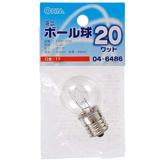 ミニボール球(20W/クリア/G30/E17)_04-6486_LB-G3720-C_OHM(オーム電機)