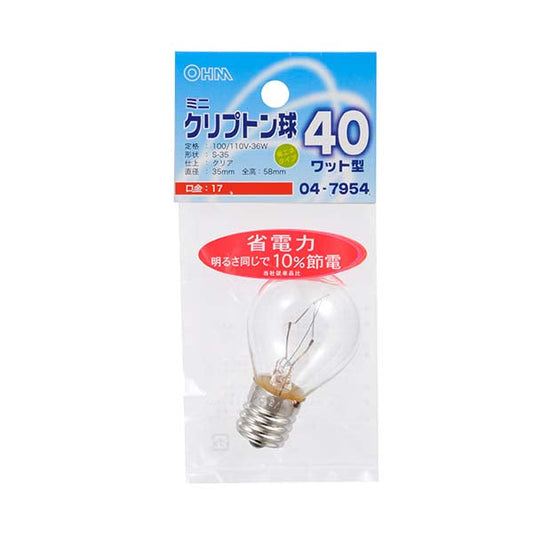 ミニランプ クリプトン(40W相当/クリア/S-35/E17)_04-7954_LB-S3740K-C_OHM(オーム電機)