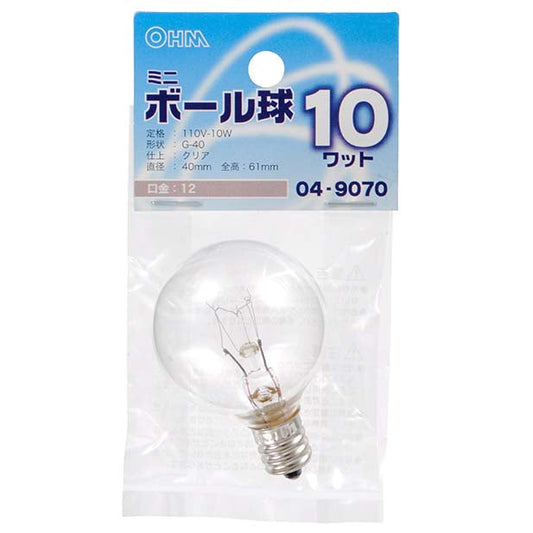 【納期約2週間】ミニボール球(10W/クリア/G40/E12)_04-9070_LB-G4210-C_OHM(オーム電機)