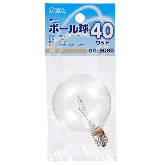 【納期約2週間】ミニボール球(40W/クリア/G50/E12)_04-9080_LB-G5240-C_OHM(オーム電機)