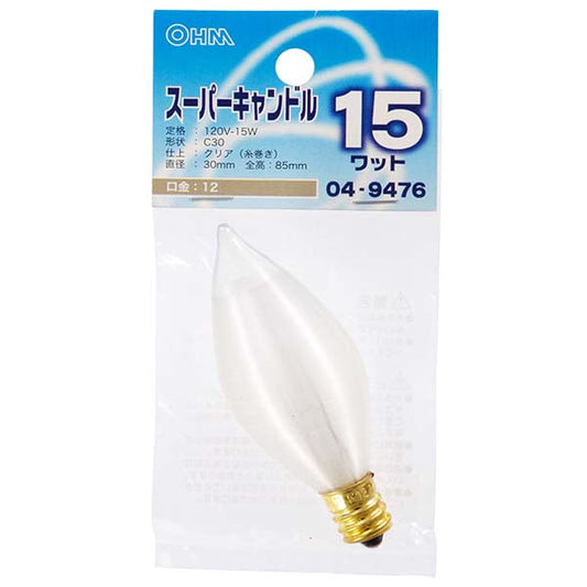 【納期約2週間】スーパーキャンドルC30 E12 15Wクリア_04-9476_LB-C0215-C_OHM(オーム電機)