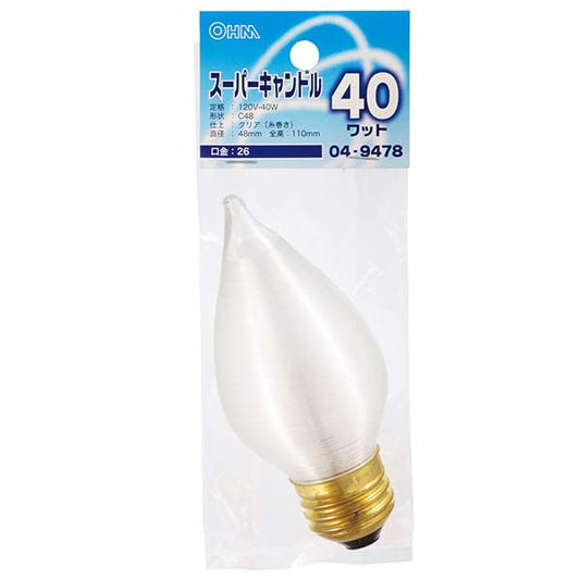 【納期約2週間】スーパーキャンドルC48 E26 40Wクリア_04-9478_LB-C4640-C_OHM(オーム電機)