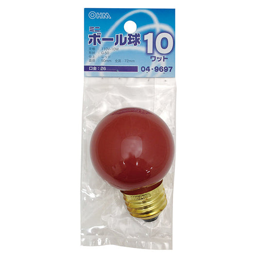 【納期約2週間】ミニボール球(10W/レッド/G50/E26)_04-9697_LB-G5610-R_OHM(オーム電機)