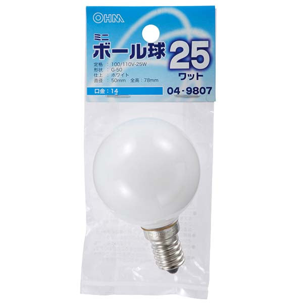 【納期約2週間】LB-G5425-W ミニボール球(25W/ホワイト/G50/E14) OHM(オーム電機)