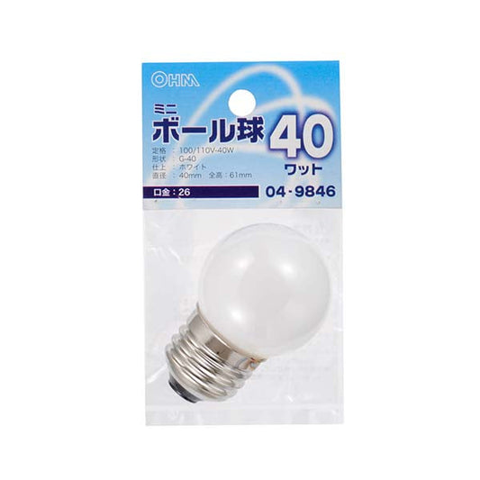 【納期約2週間】ミニボール球(40W/ホワイト/G40/E26)_04-9846_LB-G4640-W_OHM(オーム電機)
