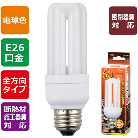 LED電球 D形(60形相当/836lm/電球色/E26/全方向配光280°/密閉形器具対応/断熱材施工器具対応)_06-1679_LDF7L-G-E26_OHM(オーム電機)