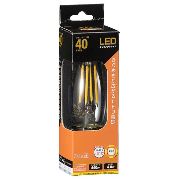 LEDフィラメントタイプ電球 シャンデリア球 クリア(40形相当/440lm/電球色/E26/全方向配光310°)