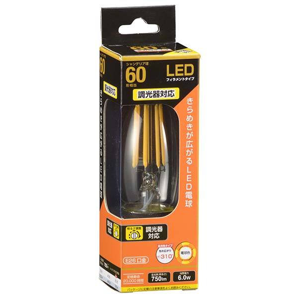 LDC6L/D C6 LEDフィラメントタイプ電球 シャンデリア球 クリア(60形相当/750lm/電球色/E26/全方向配光310°/調光器対応)