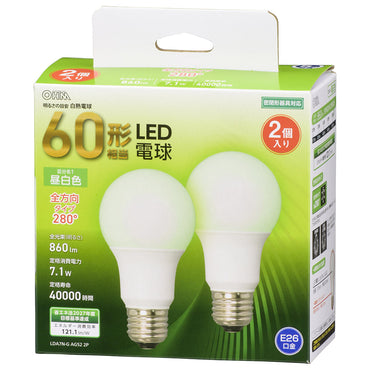 LED電球(60形相当/860lm/昼白色/E26/全方向配光280°/密閉形器具対応/2個入)_06-4708_LDA7N-G AG52 2P_OHM(オーム電機)