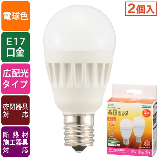 LED電球 小形(40形相当/530 lm/電球色/E17/広配光200°/密閉器具対応/断熱材施工器具対応/2個入)_06-4716_LDA4L-G-E17 IS51 2P_OHM(オーム電機)