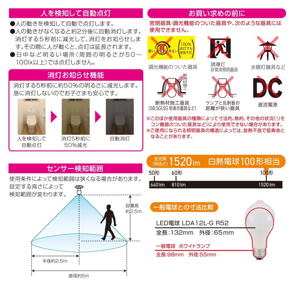 LED電球(100形相当/人感明暗センサー付/E26/12W/電球色/1520 lm)_06-4789_LDA12L-G R52_OHM(オーム電機)