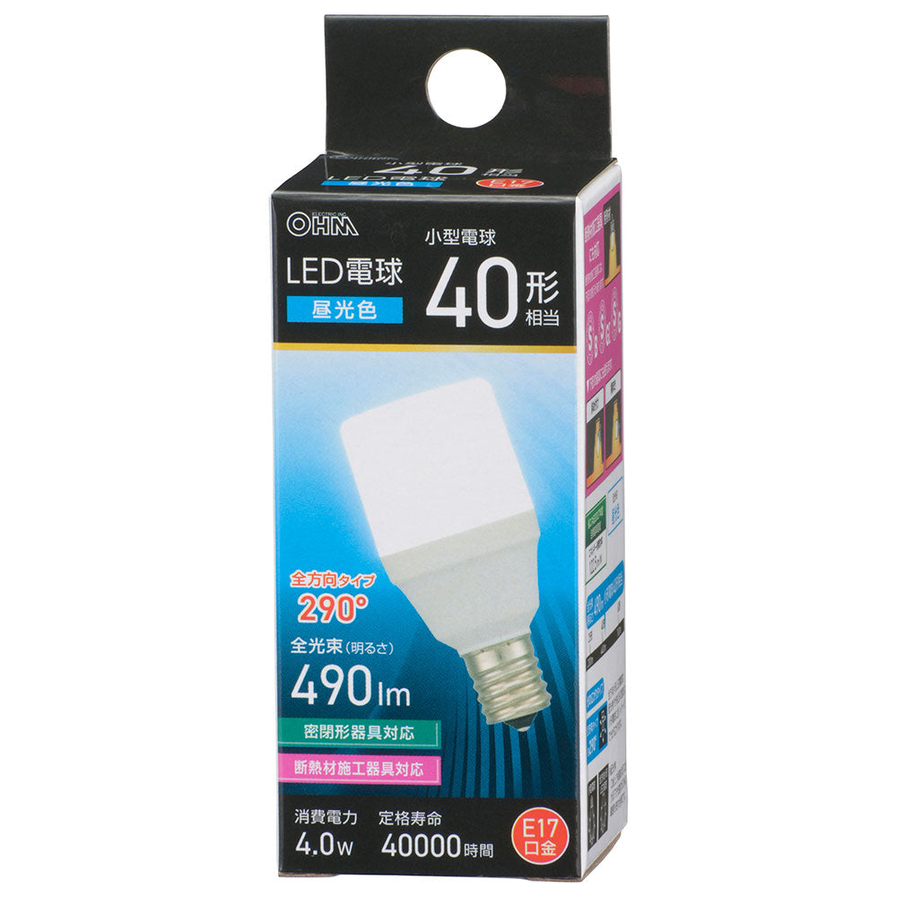 LED電球 T形(小形40形相当/昼光色/490 lm/4.0W/E17/全方向290°/密閉形器具対応/断熱材施工器具対応)_06-4997_LDT4D-G-E17 IS5_OHM(オーム電機)