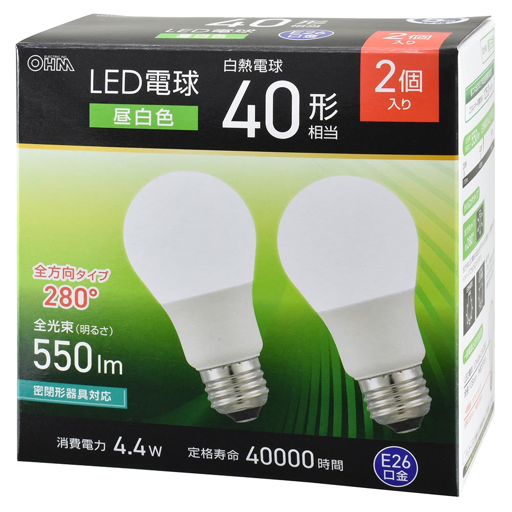 LED電球(40形相当/昼白色/550 lm/4.4W/E26/Ra83/全方向配光280°/密閉形器具対応/2個入)_06-5464_LDA4N-G AG59 2P_OHM(オーム電機)