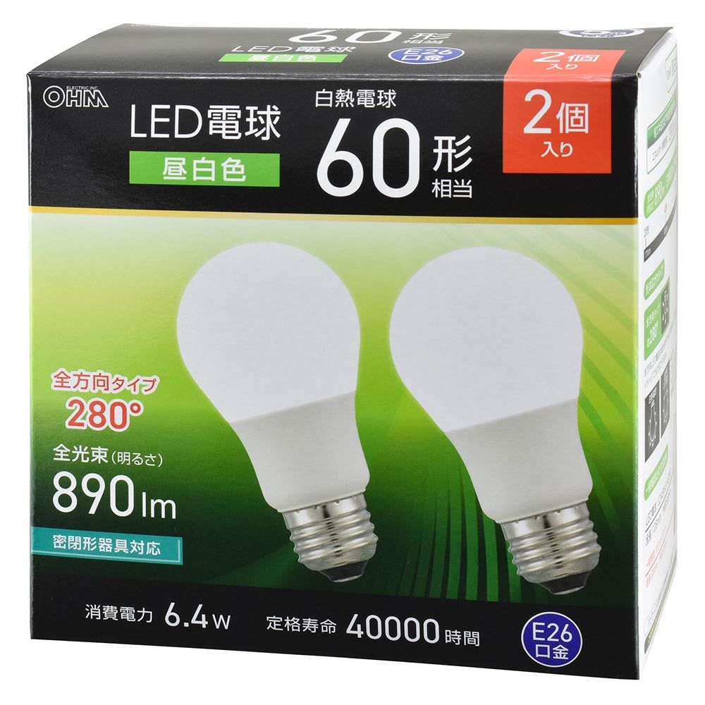 LED電球(60形相当/昼白色/890 lm/6.4W/E26/Ra83/全方向配光280°/密閉形器具対応/2個入)_06-5467_LDA6N-G AG59 2P_OHM(オーム電機)