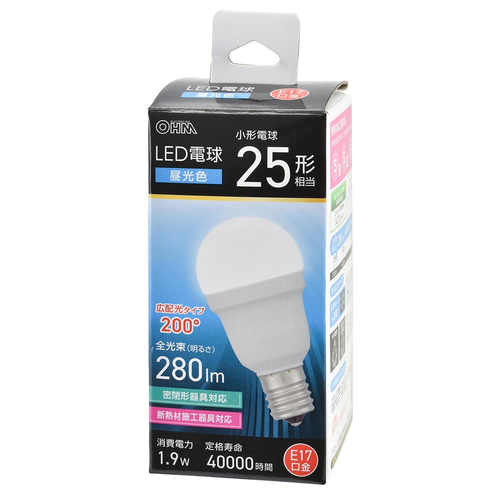LED電球 小形(25形相当/昼光色/280 lm/1.9W/E17/Ra83/広配光200°/密閉形器具対応/断熱材施工器具対応)_06-5471_LDA2D-G-E17 IS53_OHM(オーム電機)