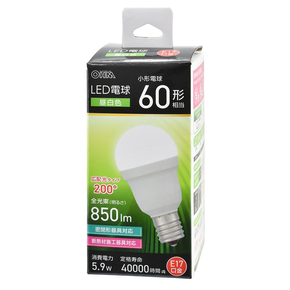 LED電球 小形(60形相当/昼白色/850 lm/5.9W/E17/Ra83/広配光200°/密閉形器具対応/断熱材施工器具対応)_06-5476_LDA6N-G-E17 IS53_OHM(オーム電機)