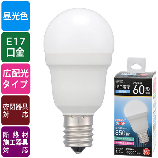 LED電球 小形(60形相当/昼光色/850 lm/5.9W/E17/Ra83/広配光200°/密閉形器具対応/断熱材施工器具対応)_06-5477_LDA6D-G-E17 IS53_OHM(オーム電機)