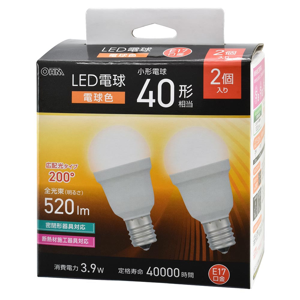 LED電球 小形(40形相当/電球色/520 lm/3.9W/E17/Ra83/広配光200°/密閉形器具対応/断熱材施工器具対応/2個入)_06-5478_LDA4L-G-E17 IS53 2P_OHM(オーム電機)