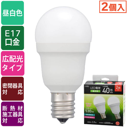 LED電球 小形(40形相当/昼白色/530 lm/3.9W/E17/Ra83/広配光200°/密閉形器具対応/断熱材施工器具対応/2個入)_06-5479_LDA4N-G-E17 IS53 2P_OHM(オーム電機)