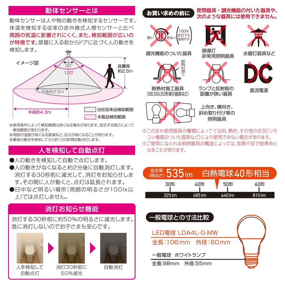 LED電球(40形相当/動体・明暗センサー付/下向き器具専用/電球色/535 lm/E26/4.4W)_06-5581_LDA4L-G-MW_OHM(オーム電機)