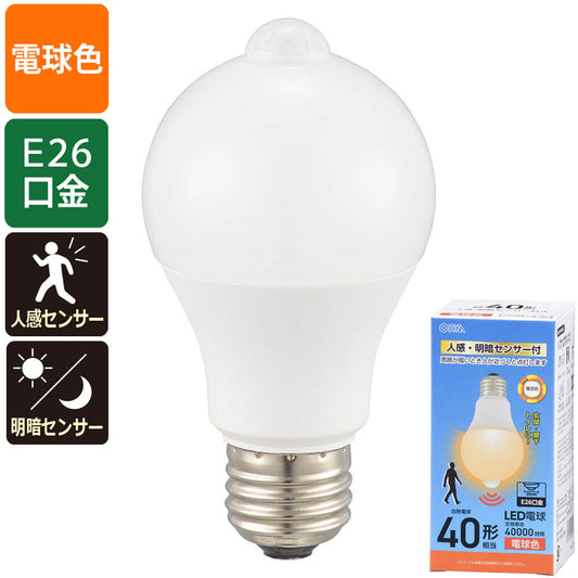 【消灯お知らせ機能搭載】LED電球(40形相当/4.7W/540 lm/電球色/E26/人感・明暗センサー付)_06-5587_LDA5L-G PIR6_OHM(オーム電機)