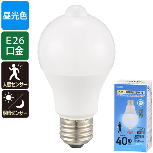 【消灯お知らせ機能搭載】LED電球(40形相当/4.7W/580 lm/昼光色/E26/人感・明暗センサー付)_06-5588_LDA5D-G PIR6_OHM(オーム電機)