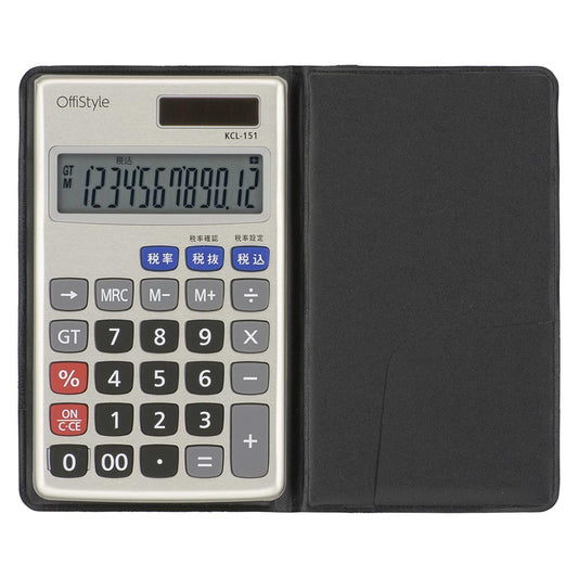 12桁手帳サイズ税率電卓(ソーラーパネル&電池の2電源/手帳カバー付属/グレー)_07-8636_KCL-151_OHM(オーム電機)