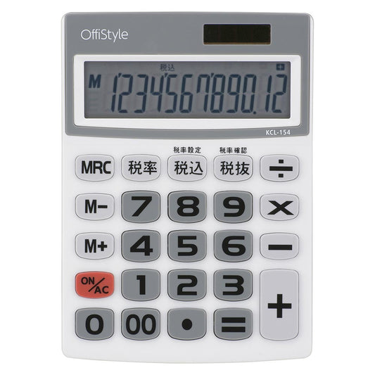 12桁大画面税率電卓(ソーラーパネル&電池の2電源/大型液晶・大型キー/グレー)_07-8639_KCL-154_OHM(オーム電機)