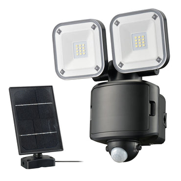 防犯LEDセンサーライト(2灯/1200 lm/昼光色/ソーラー充電+乾電池 単2形×3本使用/ソーラーパネル付属/保護等級IP44/ブラック)_07-8807_LS-S120W2_OHM(オーム電機)