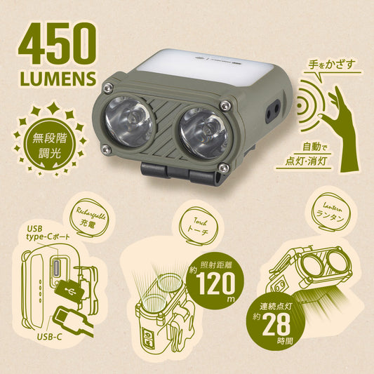 センサー付きマルチライト(MAX450 lm/USB充電/無段階調光/連続点灯28時間/保護等級IPX4)_08-0938_LH-SC50A7_OHM(オーム電機)