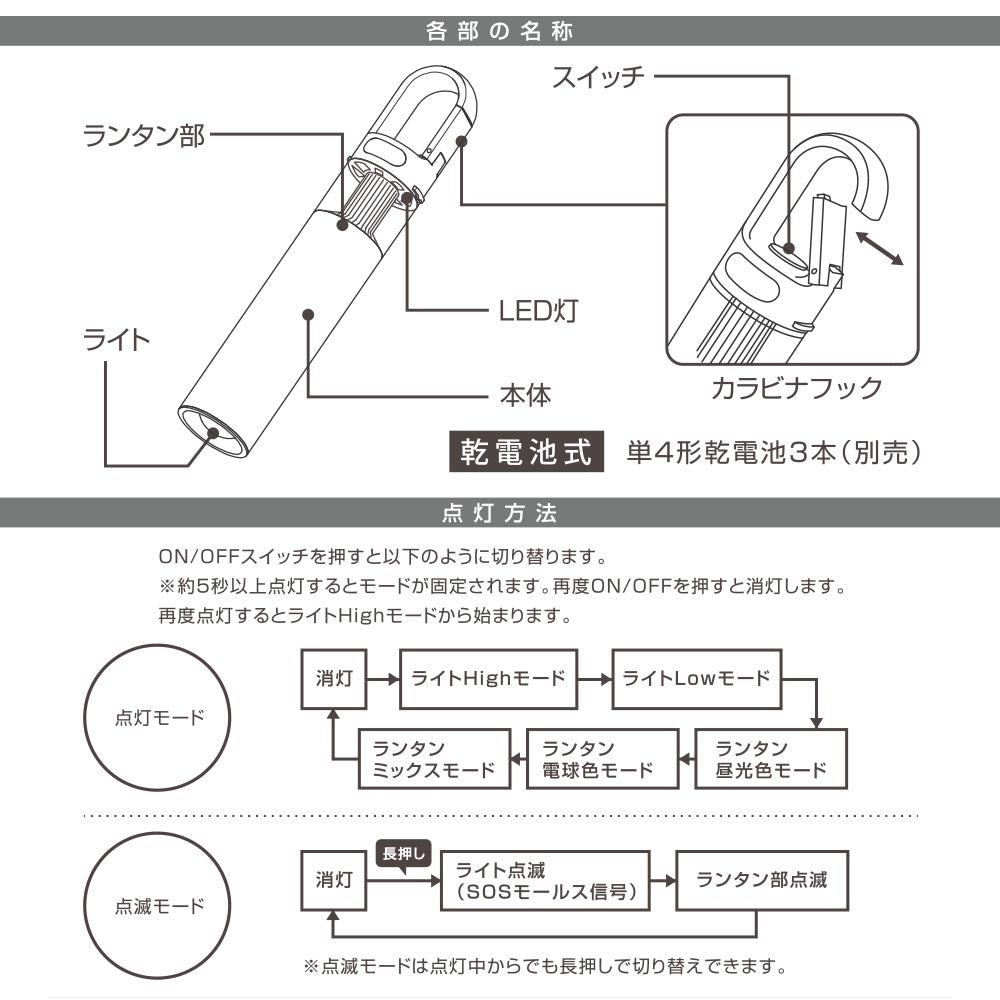 LEDアルミランタン2WAYライト(ランタン3調色/ライト2調光/点灯モード5種類/保護等級IPX4/単4形×3本使用)_08-0945_LN-M30A7_OHM(オーム電機)