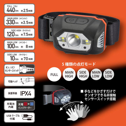 充電式LEDヘッドライト(USB充電式/440 lm FULL/連続使用 70時間 LOW/ブラック)_08-1398_LC-MUS440-K_OHM(オーム電機)