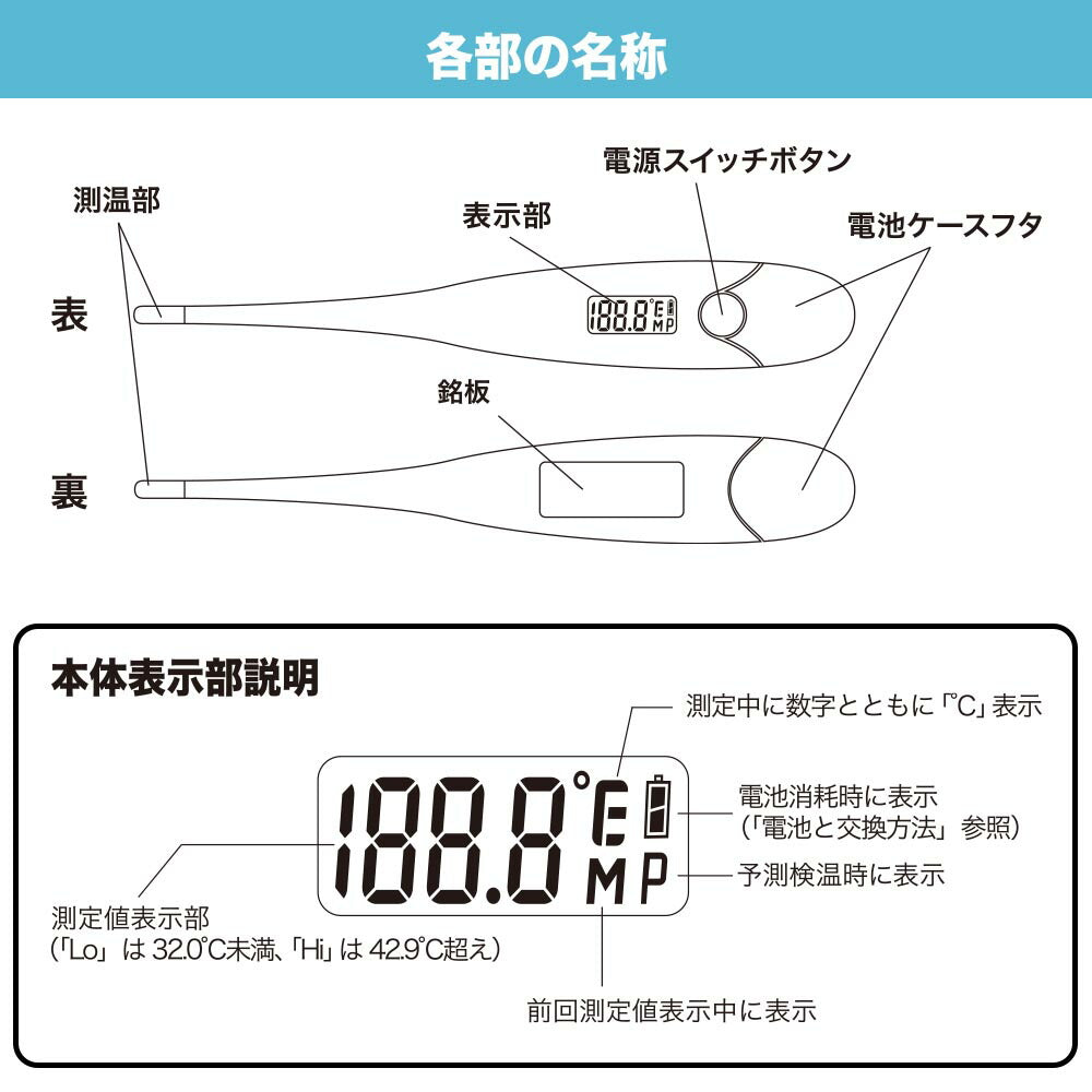 電子体温計(予測・実測式/予測検温15秒/測定精度±0.1℃/オートパワーオフ/収納ケース付/ボタン電池LR41付属/ホワイト)_08-1437_MT418-Y_OHM(オーム電機)
