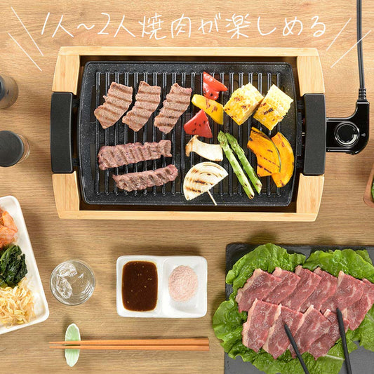 ミニグリルプレート(ダイヤル式温度調整/1000W/保温機能付き/本体は竹素材)_08-1463_COK-YHP100A-M_OHM(オーム電機)