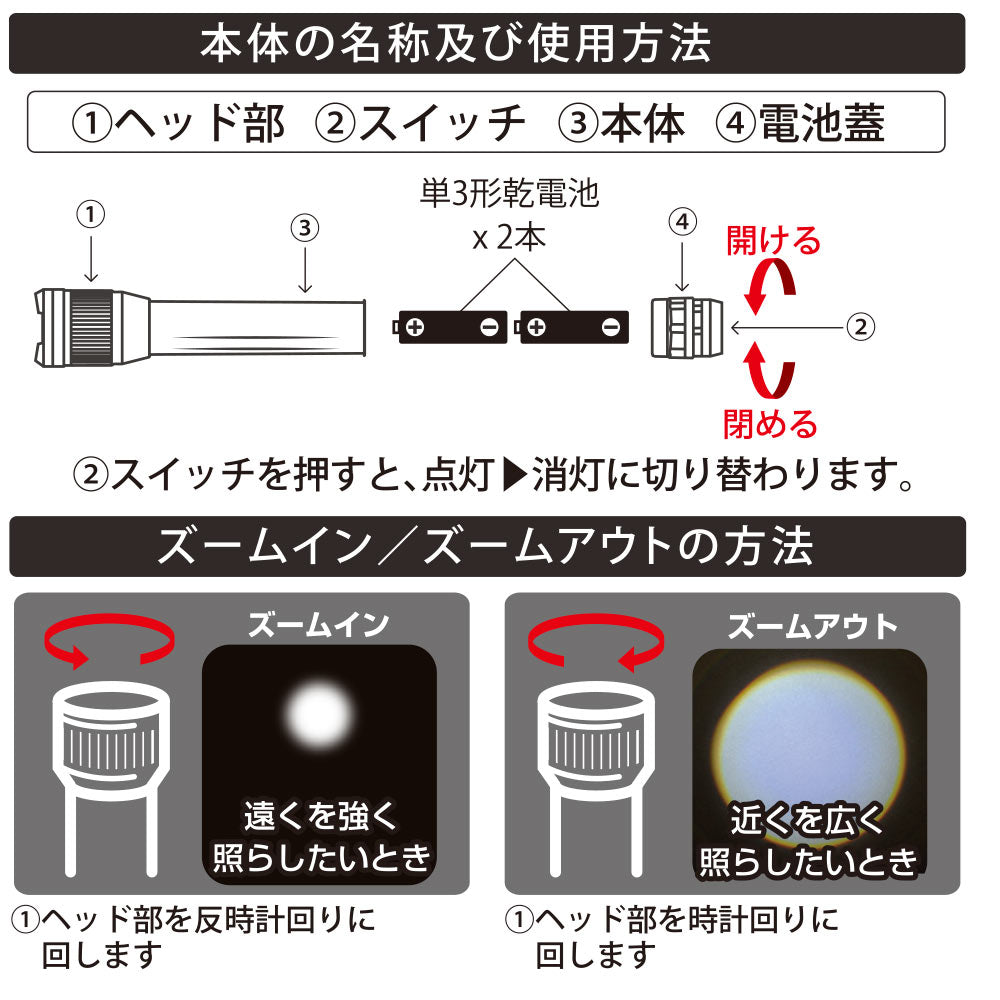 LEDズームライト(保護等級 IPX7 防浸形/連続点灯6時間/350 lm/単3形×2本使用)_08-1640_LHA-Z35C5_OHM(オーム電機)