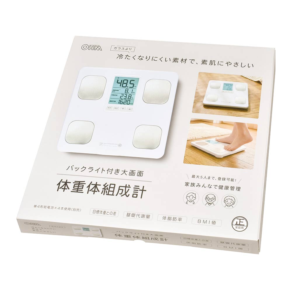 体重体組成計(バックライト付大画面/最大5人登録/単4形×4本使用/ホワイト)_08-3925_HB-KA12R1-W_OHM(オーム電機)